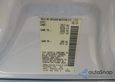 2016 Nissan Altima 2.5 Sr из США, поврежденный, VIN 1N4AL3AP2GC245728